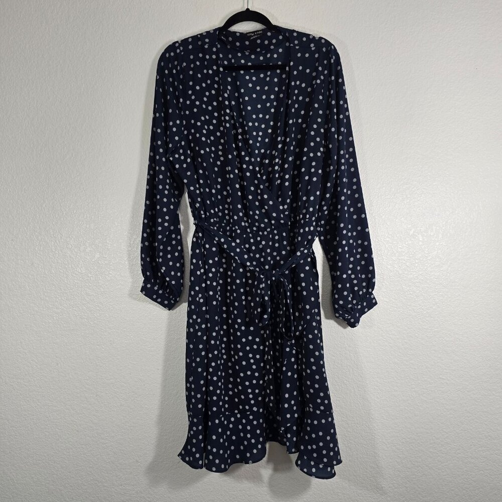 City Chic Polka Dot Dress Women Size 16 Blue Long Sleeve Tie Waist V Neck Party